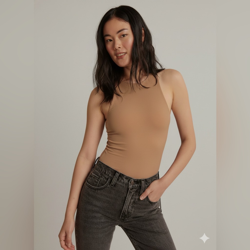 🤩 Abercrombie & Fitch Soft A&F Collection High Neck Bodysuit in Tan Nude Size S